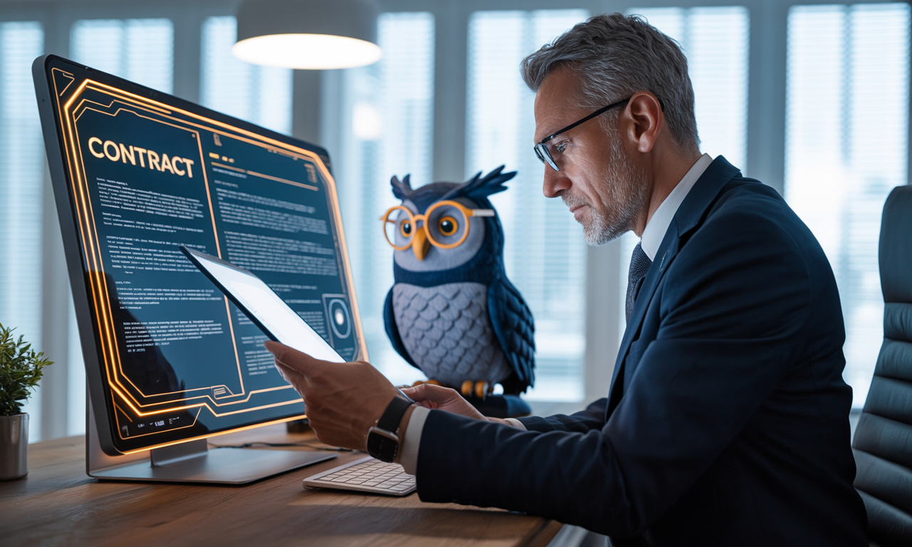 Professional reviewing contract with AI assistance and owl mascot